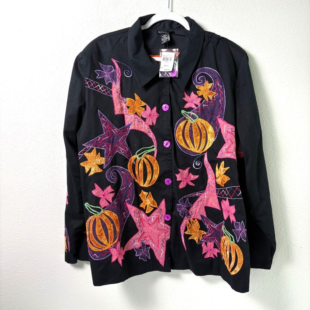 Hona To Be Embroidered Jacket Size XXL Black Pumpkins Fall Button Front Autumn